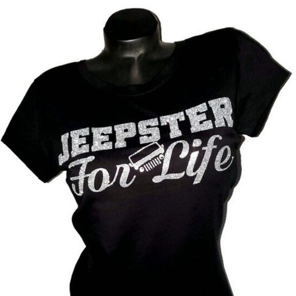 Jeepster For Life Fitted Spandex Black Tee with Shiny Lettering. - Picture 5 of 6